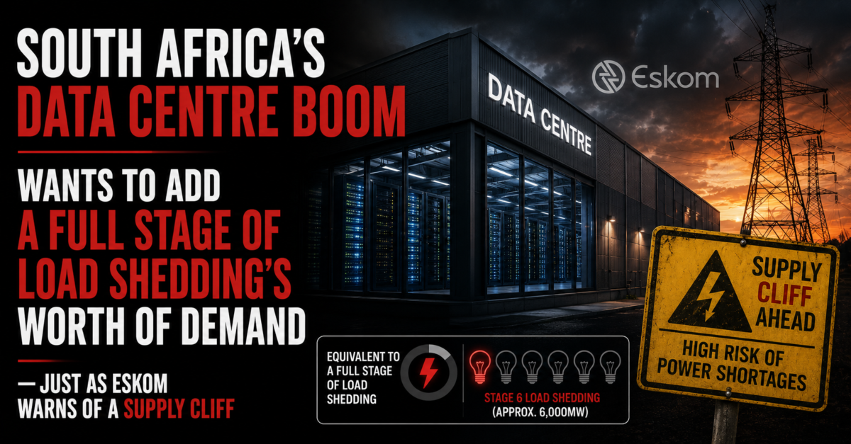 South Africa’s data centre boom wants to add a full stage of load shedding’s worth of demand — just as Eskom warns of a supply cliff