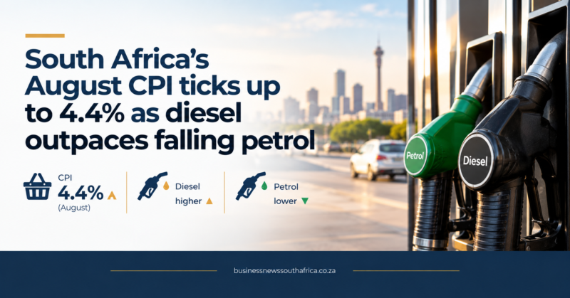 South Africa’s August CPI ticks up to 4.4% as diesel outpaces falling petrol