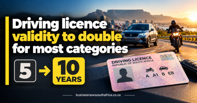Driving licence validity to double for most categories in South Africa
