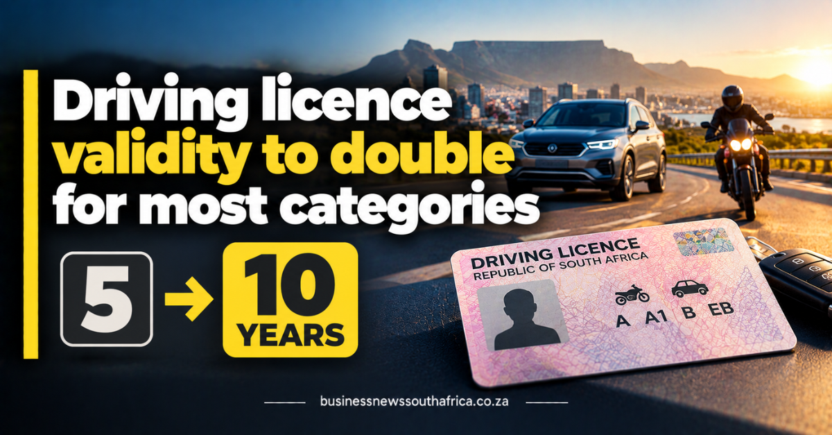 Driving licence validity to double for most categories in South Africa
