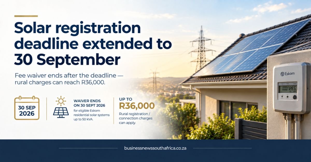 Eskom extends solar registration deadline to 30 September 2026, fees may rise to R36,000