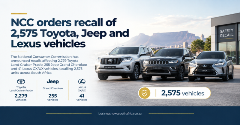 National Consumer Commission orders recall of 2,575 Toyota, Jeep and Lexus vehicles in South Africa