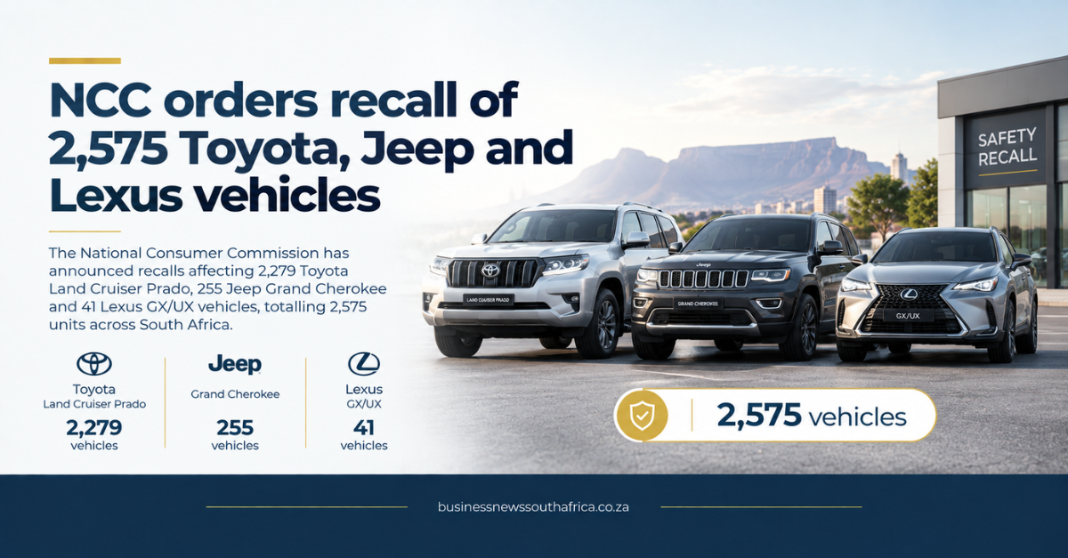 National Consumer Commission orders recall of 2,575 Toyota, Jeep and Lexus vehicles in South Africa