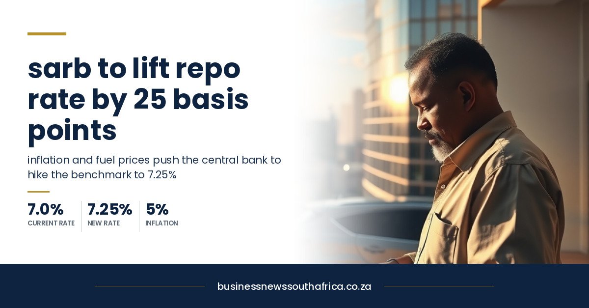 SARB likely to raise repo rate by 25 basis points on 23 September