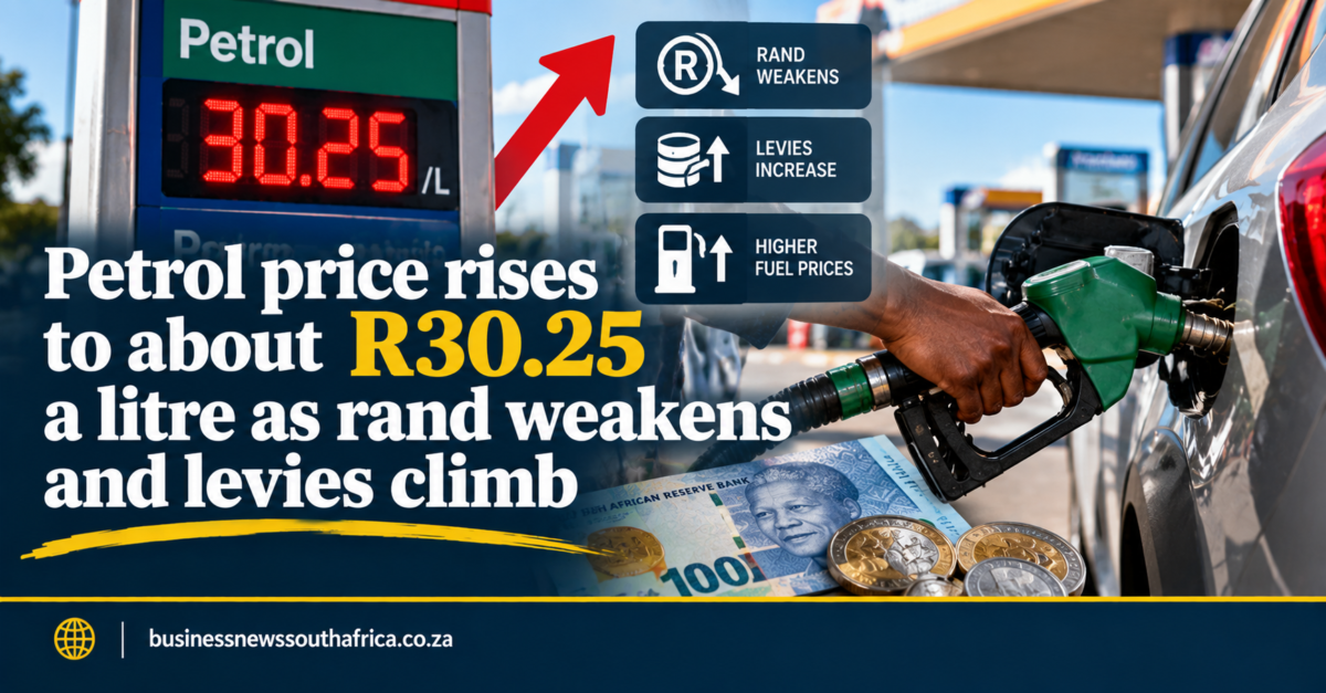 Petrol price rises to about R30.25 a litre as rand weakens and levies climb