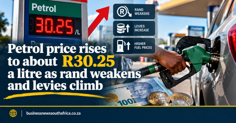 Petrol price rises to about R30.25 a litre as rand weakens and levies climb