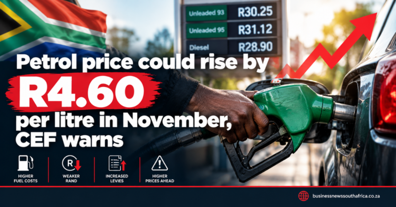 Petrol price could rise by R4.60 per litre in November, CEF warns