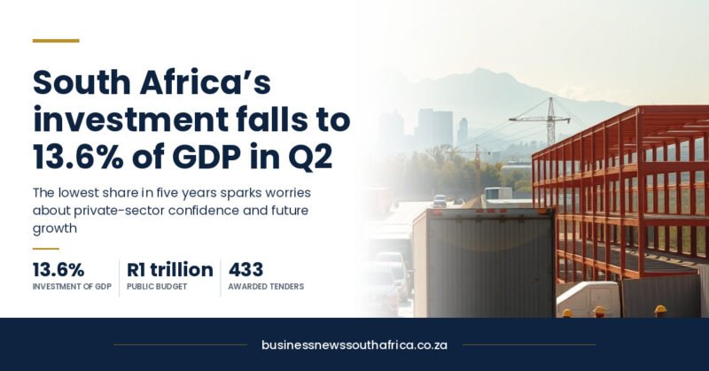 South Africa’s investment falls to 13.6% of GDP in Q2, raising growth concerns